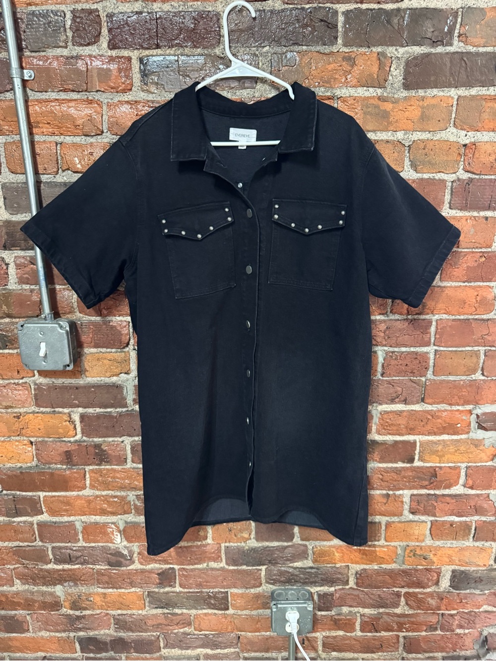 Evereve Black Short-Sleeve Button-Front Denim Dress with Stud Details Size XL
